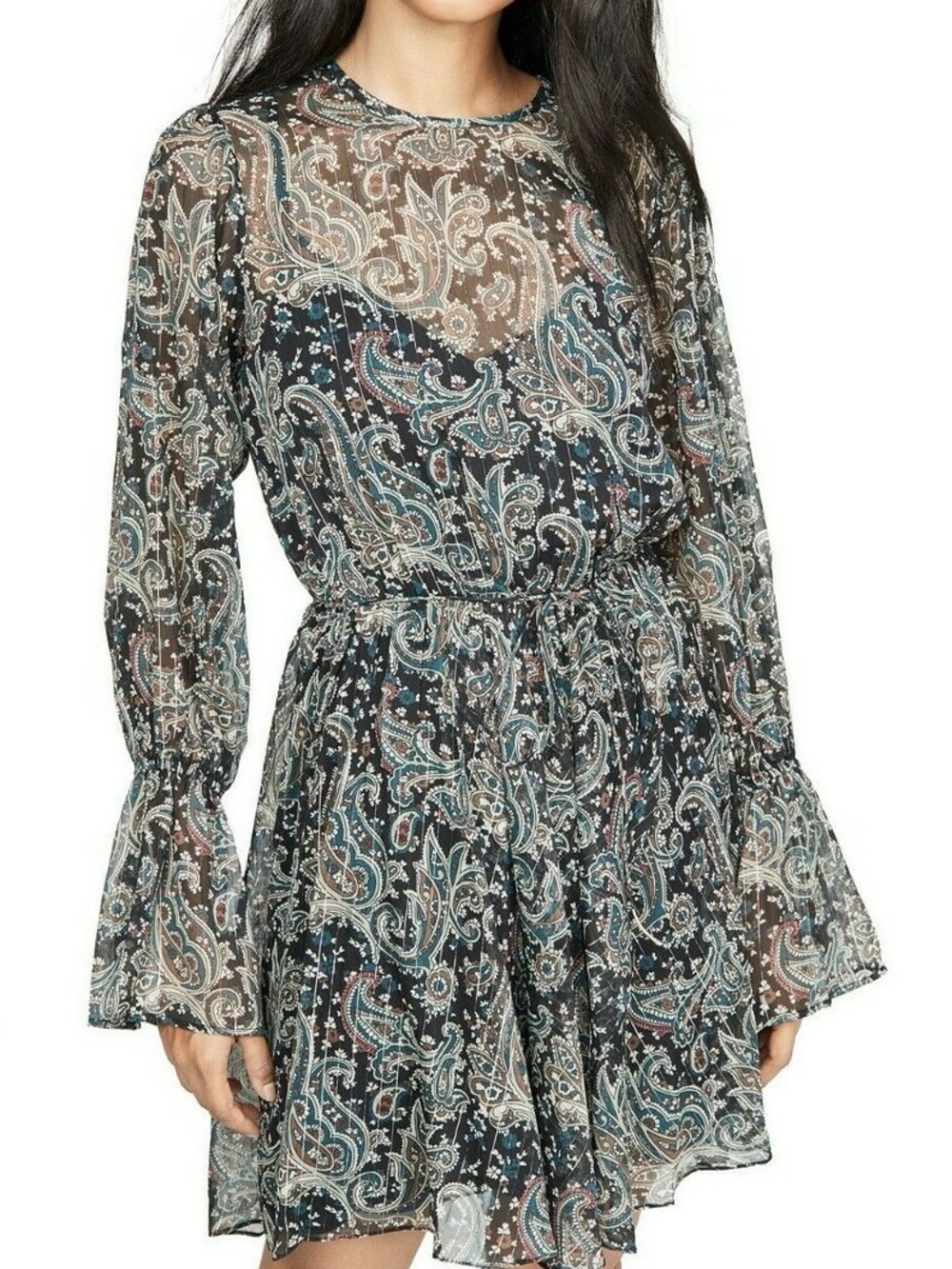 JOIE MANNING LONG SLEEVE CHIFFON DRESS METALLIC CAVIAR PRINT